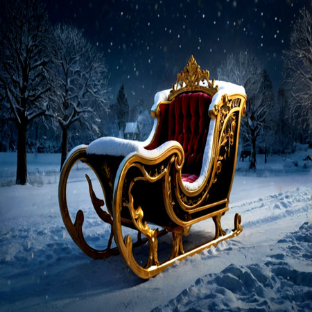Golden Christmas sleigh in the snowy winter park. Christmas background.の写真素材