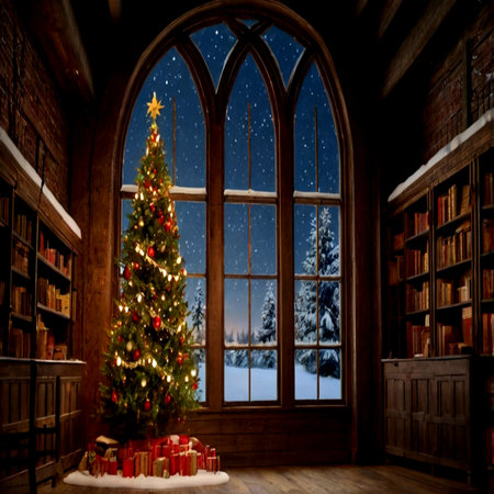 Christmas tree in a dark room with a lot of books and a big windowの写真素材