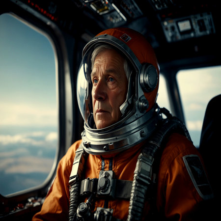 Portrait of an elderly man in an orange helmet on the background of the window of an airplane.の写真素材