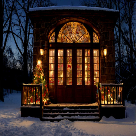 Wooden door with christmas tree and lights at night in winterの写真素材