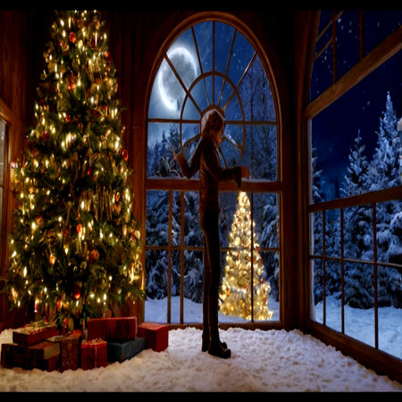 A woman stands by the window with a view of the Christmas tree.の写真素材