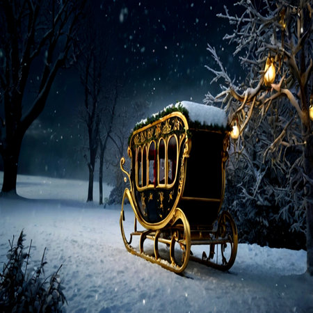 Horse-drawn carriage in the snowy forest at night. Christmas concept.の写真素材