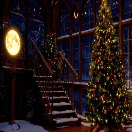 Christmas tree in front of the window at night with a large lanternの写真素材