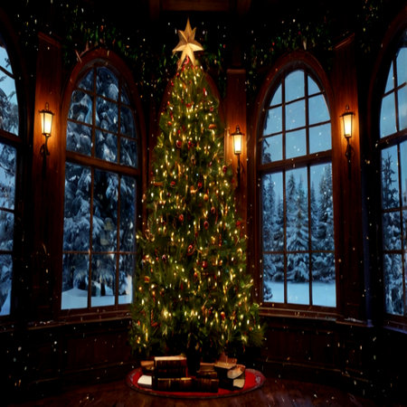 Christmas tree in the interior of the house with a large window.の写真素材