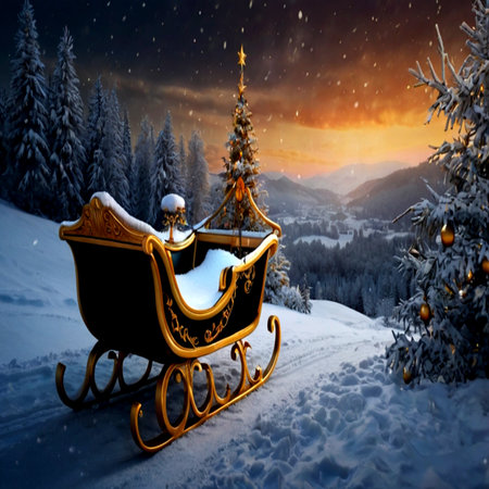 Santa Claus sleigh on the background of a beautiful winter landscape.の写真素材