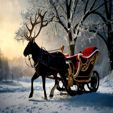 Horse with a carriage in the winter forest. Christmas and New Yearの写真素材