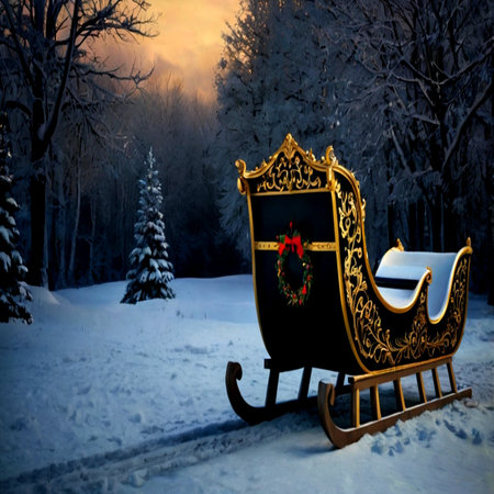 Santa Claus sleigh in the winter forest. Christmas and New Year background.の写真素材