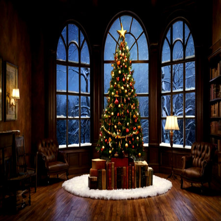 Christmas tree and books in the interior of a room with a large windowの写真素材