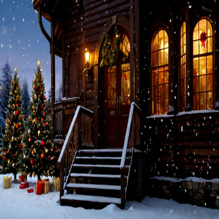 Beautiful wooden house with christmas tree and gifts under snowfallの写真素材