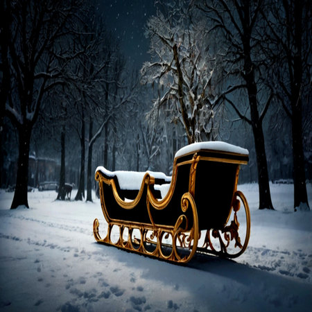 Old wooden carriage in the park at night covered with snow. Winter landscape.の写真素材