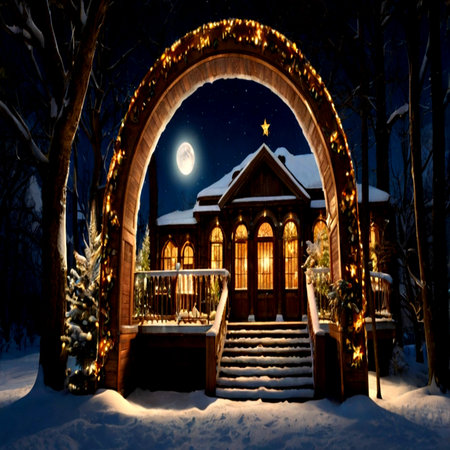 Beautiful wooden house in winter forest at night with full moon.の写真素材