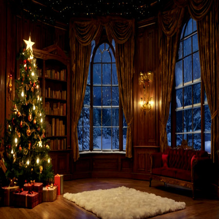 Christmas tree in the interior of the living room with a large windowの写真素材