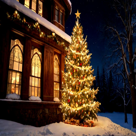 Beautiful Christmas tree in front of a wooden house at night.の写真素材