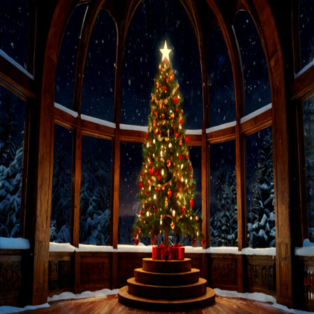 Christmas tree on the background of a window with a snowy landscape.の写真素材