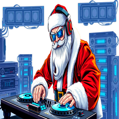 Santa Claus playing music on turntable. Vector cartoon illustration.の写真素材