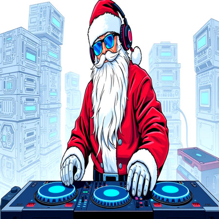 Santa Claus playing music on turntables. Vector cartoon illustration.の写真素材