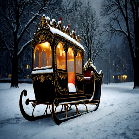Snowfall in the city park. Carriage with Christmas lights.の写真素材