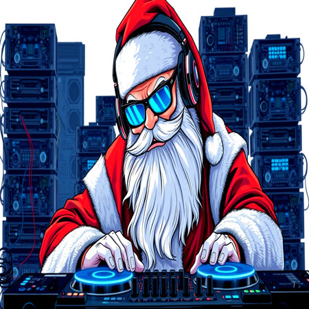 Santa Claus playing music on turntable. Vector illustration for your designの写真素材