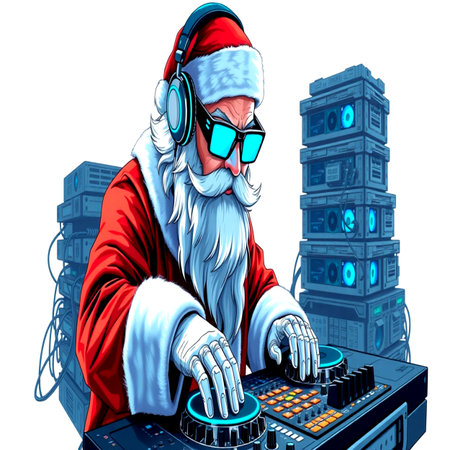 Santa Claus with headphones playing music on turntable. Vector illustration.の写真素材