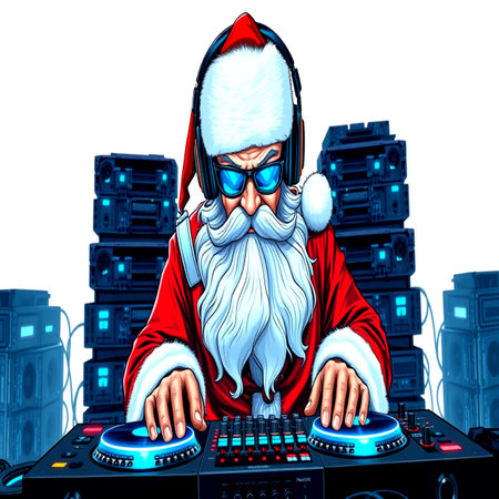 Santa Claus DJ playing music on a turntable. Vector illustration.の写真素材