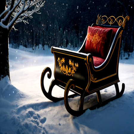Christmas sleigh in the winter forest. Christmas and New Year background.の写真素材