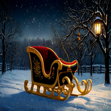 Santa Claus sleigh in the winter forest at night. Christmas backgroundの写真素材