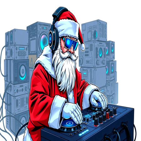 Santa Claus with headphones and a dj mixer on the background of the city.の写真素材