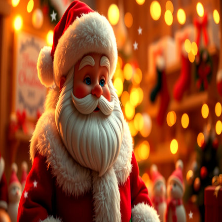 Santa claus doll in front of christmas decorations. Christmas background.の写真素材