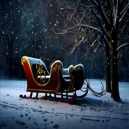 Santa Claus sleigh in a snowy forest at night. Christmas background.の写真素材
