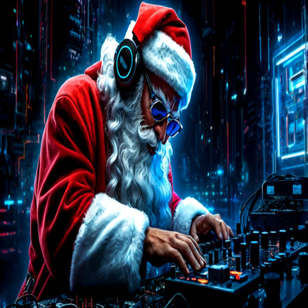 Santa Claus playing music in the nightclub. New year and Christmas.の写真素材