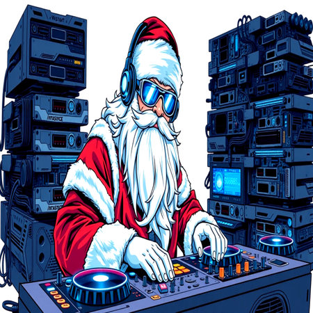 Santa Claus playing on turntable with headphones. Vector illustration.の写真素材