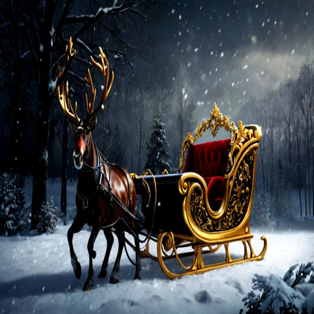 Santa Claus sleigh with reindeer in the winter forest.の写真素材
