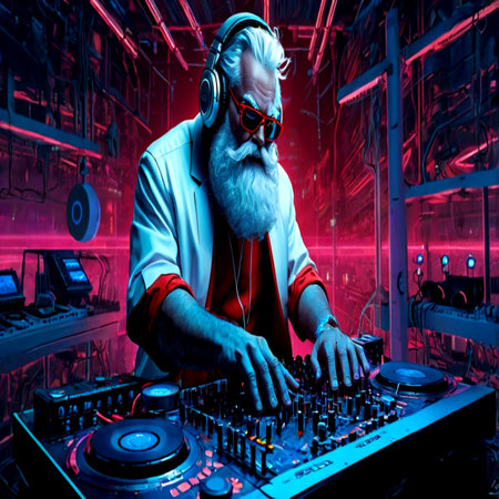 Portrait of a senior male DJ playing music on a mixer. Disco club.の写真素材