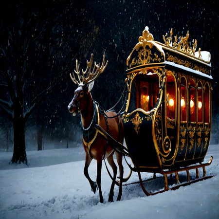 Carriage with deer in the winter forest. Winter fairy tale.の写真素材
