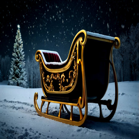 Santa Claus sleigh in snowy forest at night. Christmas background.の写真素材