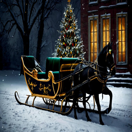 Horse-drawn sleigh with a Christmas tree in the backgroundの写真素材