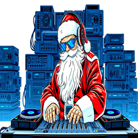 Vector illustration of Santa Claus playing music on the keyboard with headphones.の写真素材
