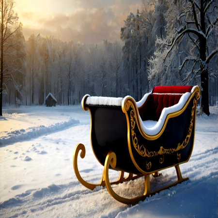 Santa Claus sleigh in the winter forest. Christmas and New Year background.の写真素材