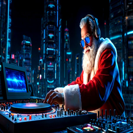 Portrait of Santa Claus playing music at night club. Christmas and New Year concept.の写真素材