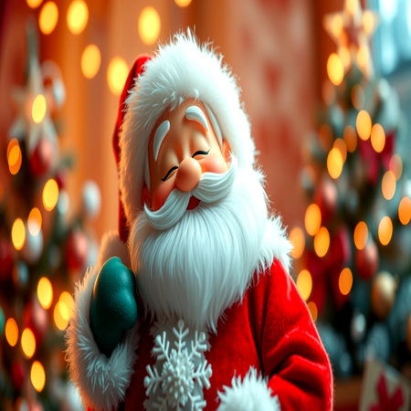 santa claus doll with christmas tree and bokeh backgroundの写真素材