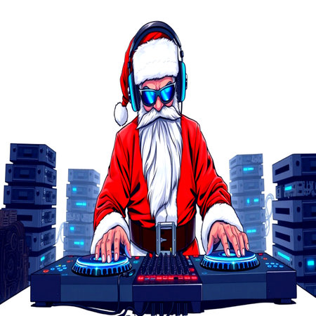 Santa Claus playing music on turntables. Isolated on white background.の写真素材