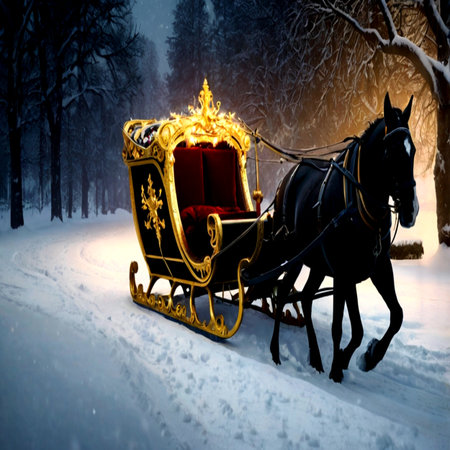 Horse-drawn carriage in the winter forest. Christmas background.の写真素材