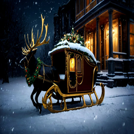 Santa Claus sleigh with reindeer in the old town at nightの写真素材