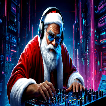 Santa Claus in headphones and glasses mixing music on a turntable.の写真素材