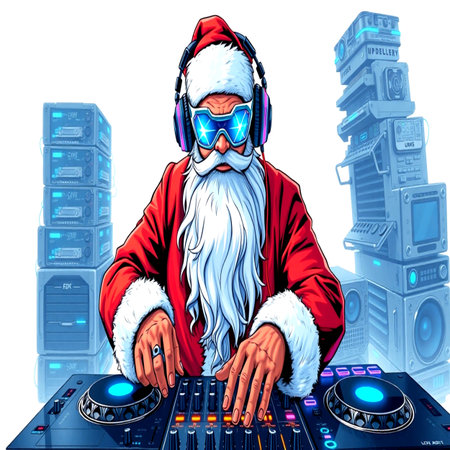 Santa Claus playing music on turntable. Christmas party. Vector illustrationの写真素材