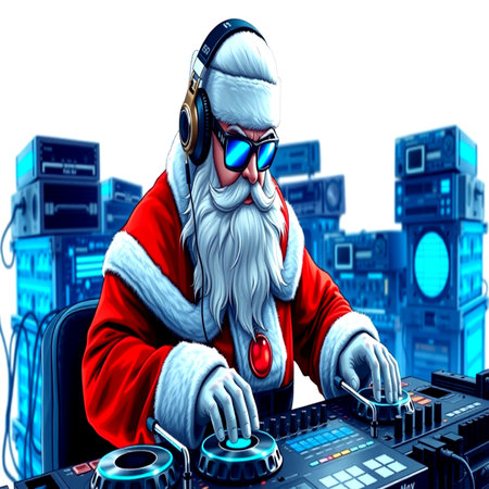 Santa Claus with headphones playing music on a turntable. 3d illustrationの写真素材