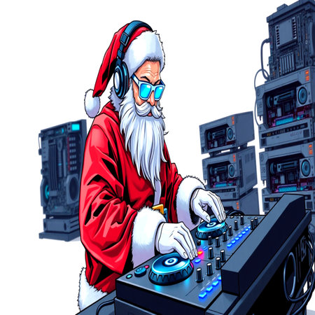 Santa Claus playing music on dj's turntable. 3d illustrationの写真素材
