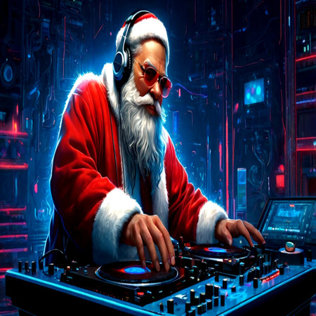 Portrait of Santa Claus listening to music with headphones. Disco club.の写真素材