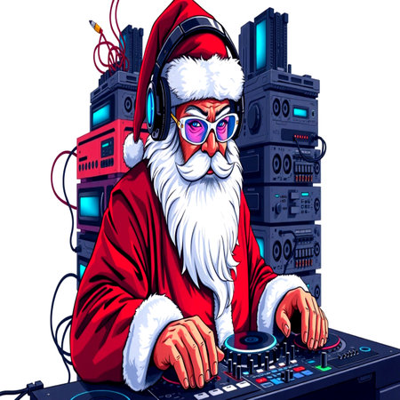 DJ santa claus playing music on a turntable.の写真素材
