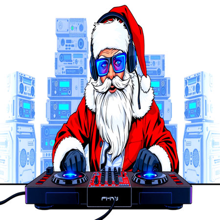 Santa Claus DJ playing music on turntable. Vector illustration.の写真素材